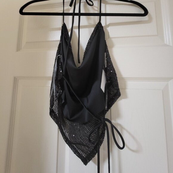 NWT Misty Rose Black Sequin Halter Handkerchief Top Tie Back size Small - Picture 2 of 2